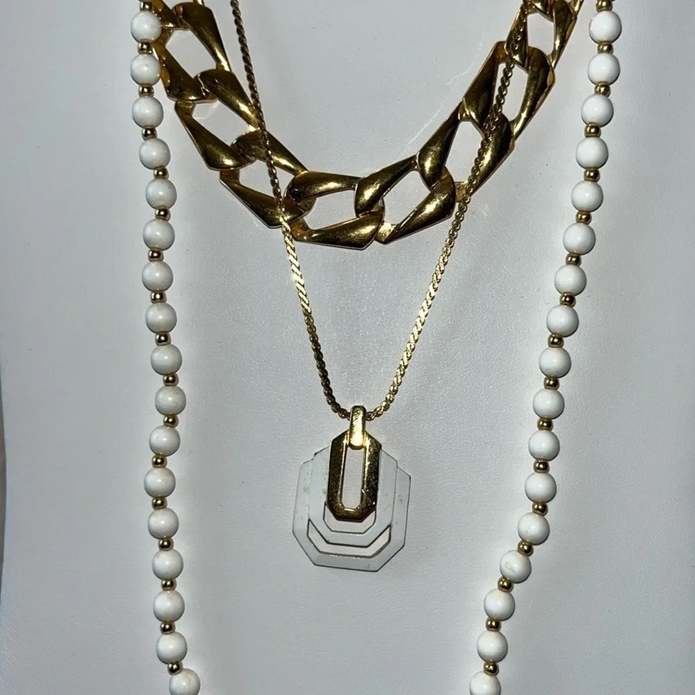 Bundle 3 vintage signed necklaces Trifari Monet Napier Gold toned/ivory/white